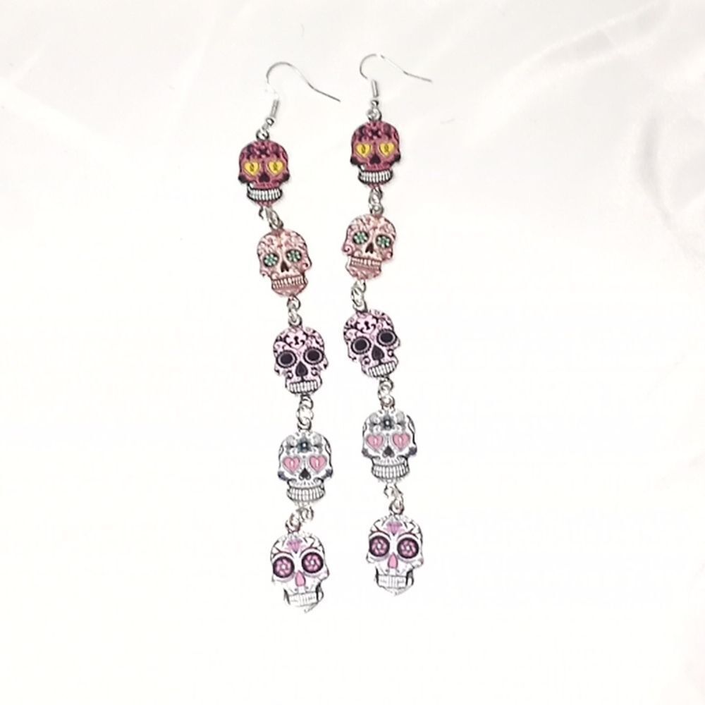 Sugar Skulls 5 piece pink drop dangle earrings. - Picture 6 of 6